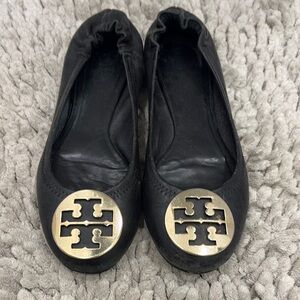 Tory Burch Black Leather Flats with Gold Medallion